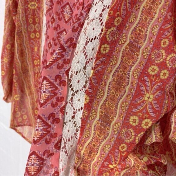 Figueroa And Flower Orange Link Multi Print Semi Sheer Long Sleeve Boho Blouse M - Picture 7 of 15